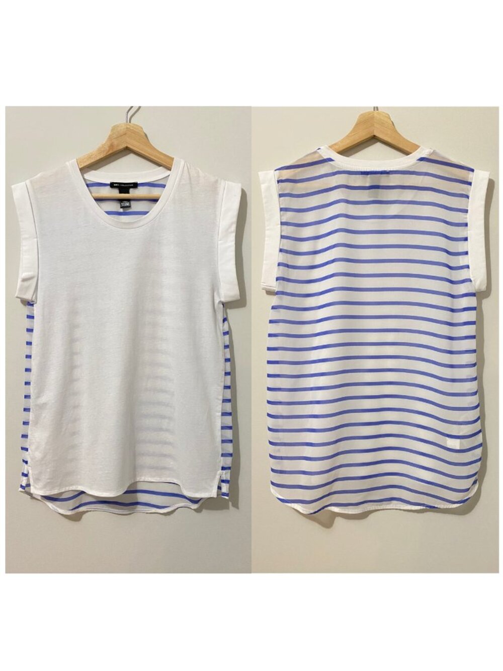 Mango Muscle Tee Tank Top Striped Sheer Back White Front Cap Sleeves Summer